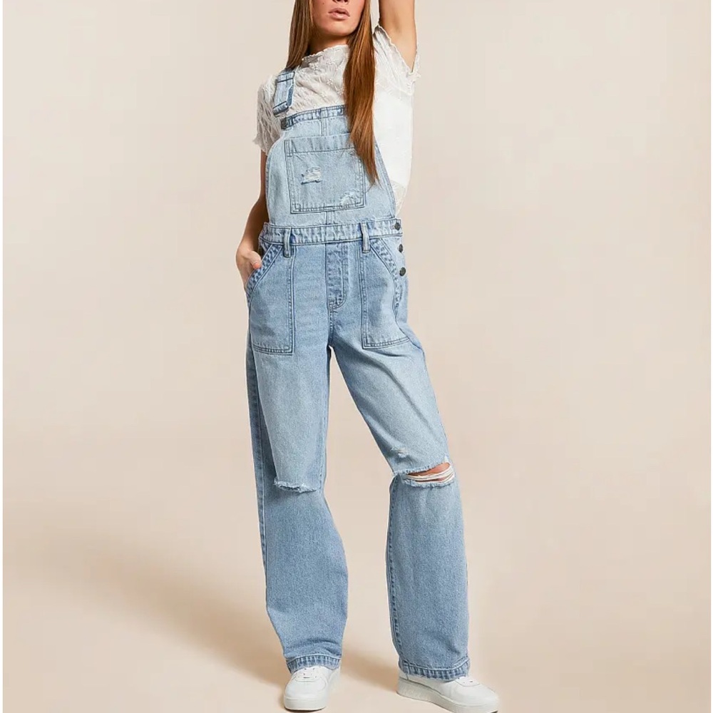 Distressed “HIDDEN”Light Blue Denim Overalls